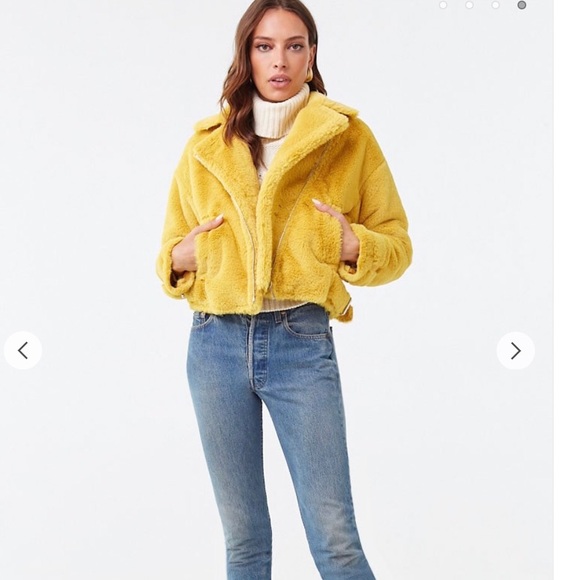 Yellow Faux Fur Moto Bomber Jacket 